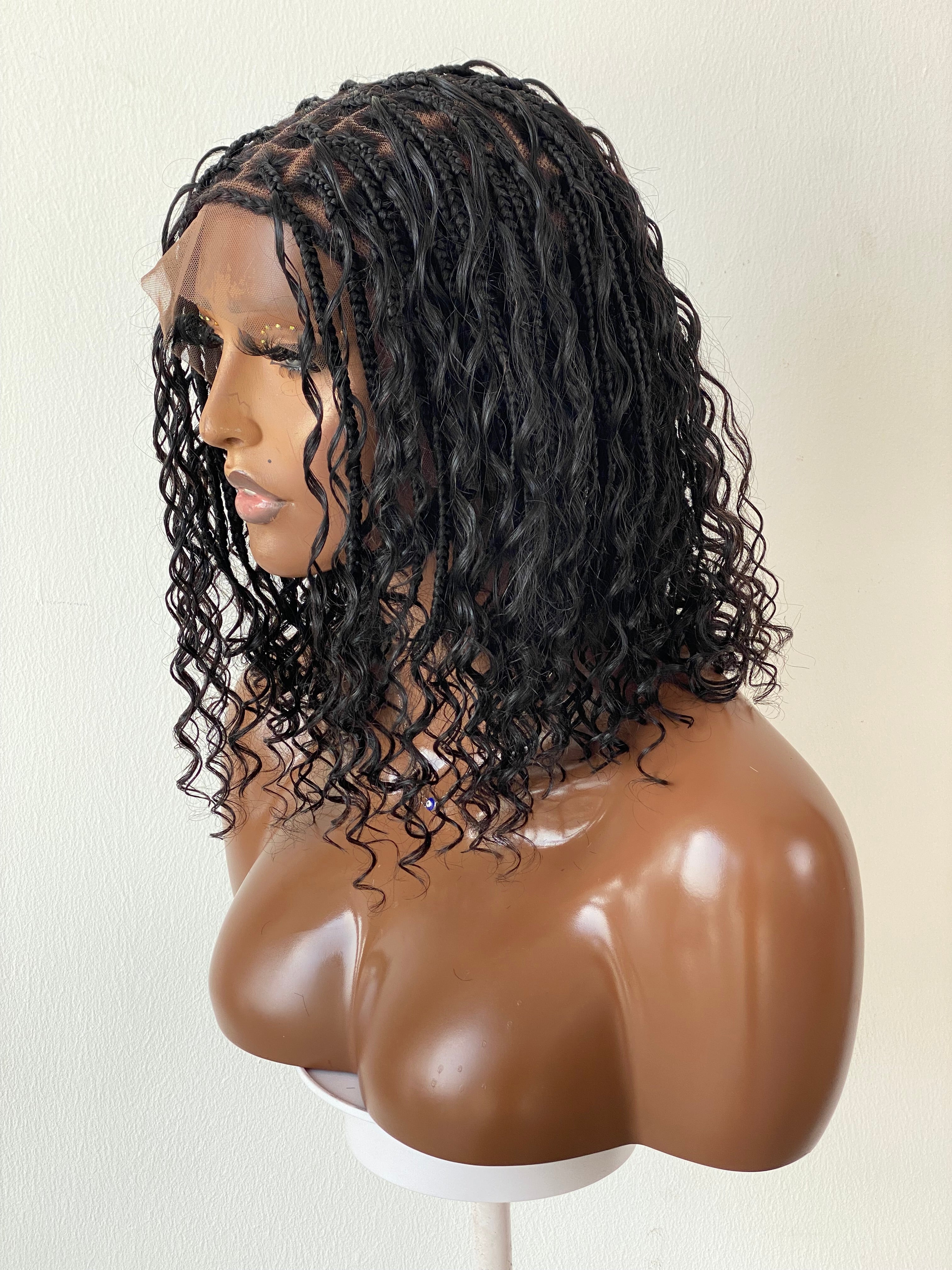 Short Bohemian Knotless Bob Wig (100% HD Human Hair Lace & Curls) Black Color TARA