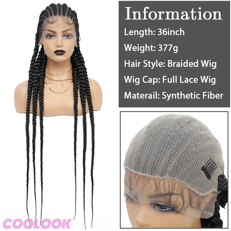 36" Cornrow Knotless Braids Wig | 360 Full Lace | Baby Hair | Synthetic